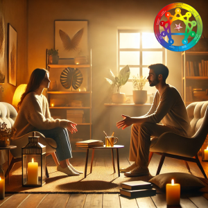 Two people converse in a cozy room with candles and the ECCSA Enneagram Personal Insights Package symbol on the wall.