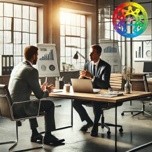 Two professionals discussing ECCSA Enneagram Professional Insights Package in a modern office with charts and laptop.