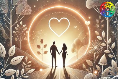 Silhouetted couple holding hands in glowing forest with heart symbol, representing Enneagram Couples Insights.